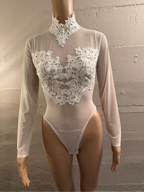 Cache Ivory Sheer Lace High-Neck Long-Sleeve Bodysuit with Appliqué